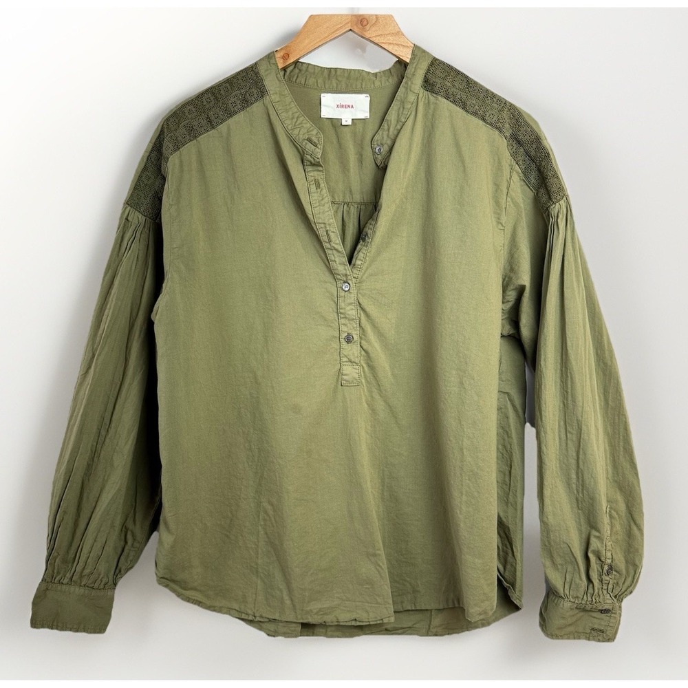 Xirena Slater Top Womens M Bay Leaf Green Button Henley Blouse Boho Peasant $215
